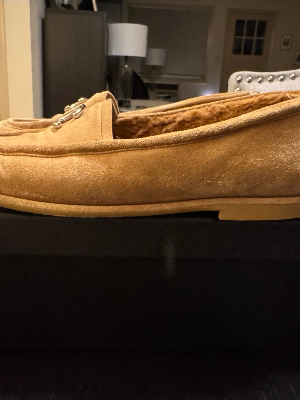 CHANEL Tan Suede Shearling-Lined Slip-On Loafers with CC Hardware - Picture 6 of 11